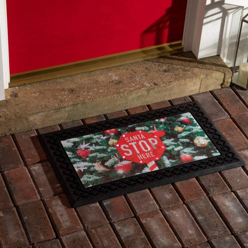 Santa Stop Here Christmas LED Light & Singing Doormats in Green